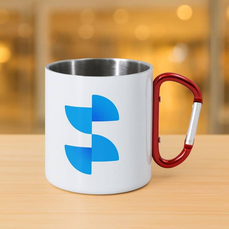 Fém fehér bögre piros karabineres füllel